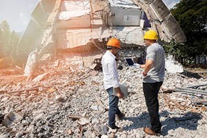 Two workers looking at the damage of their workplace after an earthquake